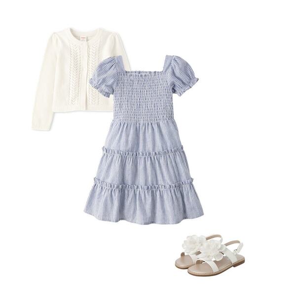 Gymboree Striped Linen-Blend Tiered Blue Puff Sleeve Smocked Dress NEW~NWT!! - Picture 2 of 12